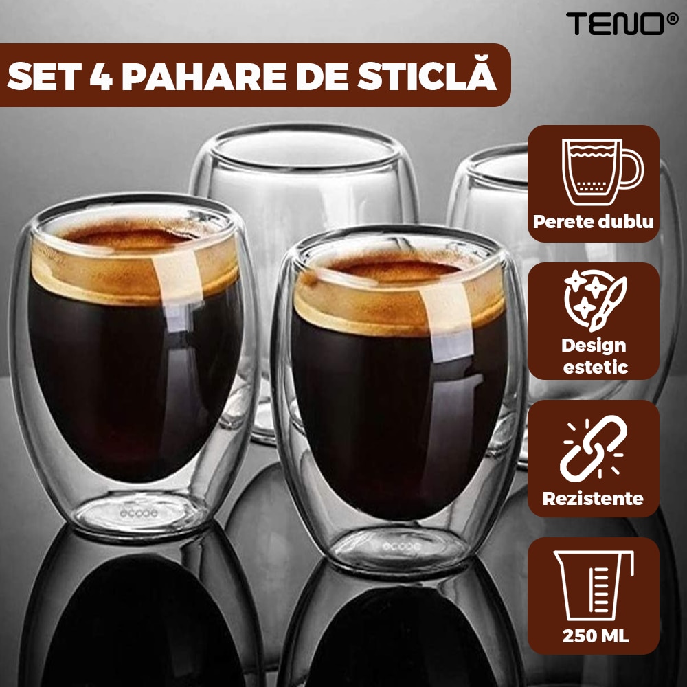 Set 4 Pahare din Sticla cu Perete Dublu Teno®, termorezistente, design modern, capacitate 250 ml, 9 x 8 cm