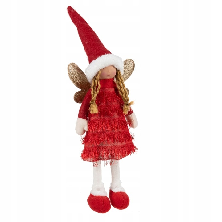 Декоративна фигурка за Коледа, Zola, Червена фея със златни крила, 40 x 14 x 9 cm