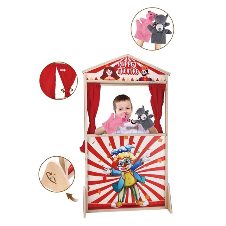 Teatru de papusi, Lemn, Doua papusi de mana, 55x20x100 cm, Multicolor