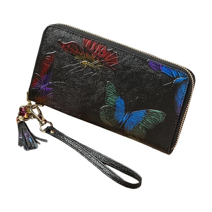 Portofel Dama din Piele Naturala Clavi, Design Elegant cu Fluturi 3D in Relief, Protectie RFID, Compartimentat & Spatios, Negru - Ideal Cadou