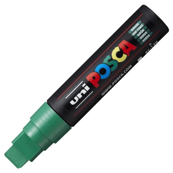 Marker UNI PC-17K Posca, profesional, 15.0 mm, varf tesit, pe baza de apa, verde