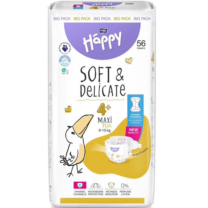 Scutece HAPPY Soft&Delicate Maxi Plus, Marimea 4+, 56 buc