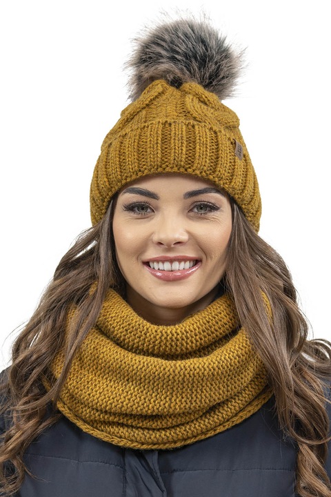 Téli sapka szett körkendőhöz, Vivisence, 7014Kmpl, Sötétsárga, egy méret