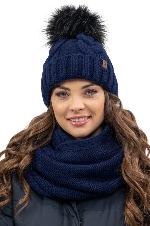 Set caciula pentru iarna fular circular Vivisence 7014Kmpl, Albastru inchis, One-Size