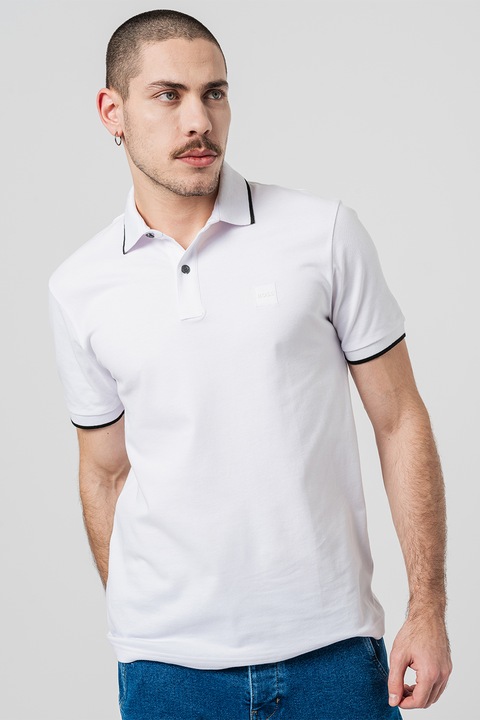 BOSS, Tricou polo slim fit Passertip, Alb optic
