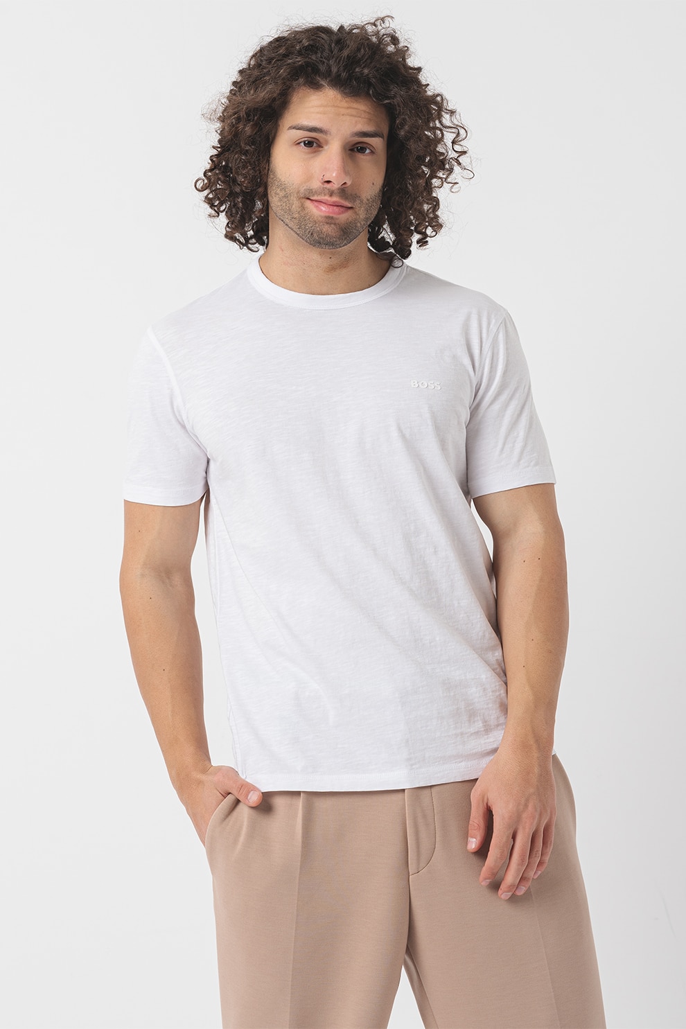 BOSS, Tricou slim fit din bumbac Tegood, Alb, 4XL