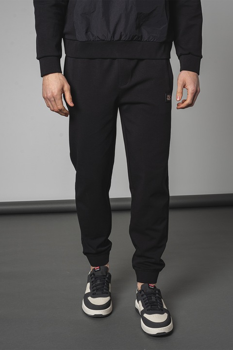 HUGO, Pantaloni de trening cu snur de ajustare si croiala conica, Negru