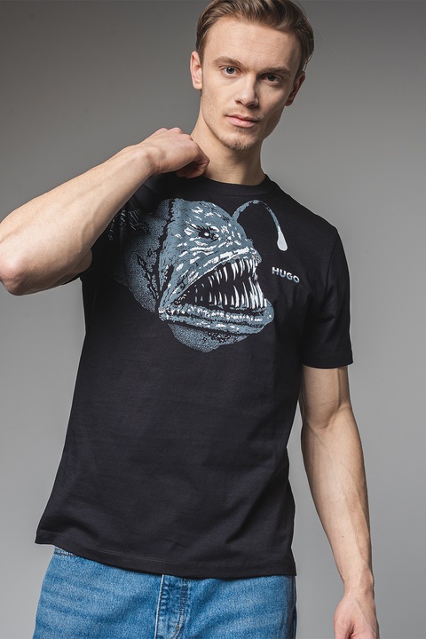 HUGO, Dibeach mintás póló, Fekete/Hamuszürke, XL