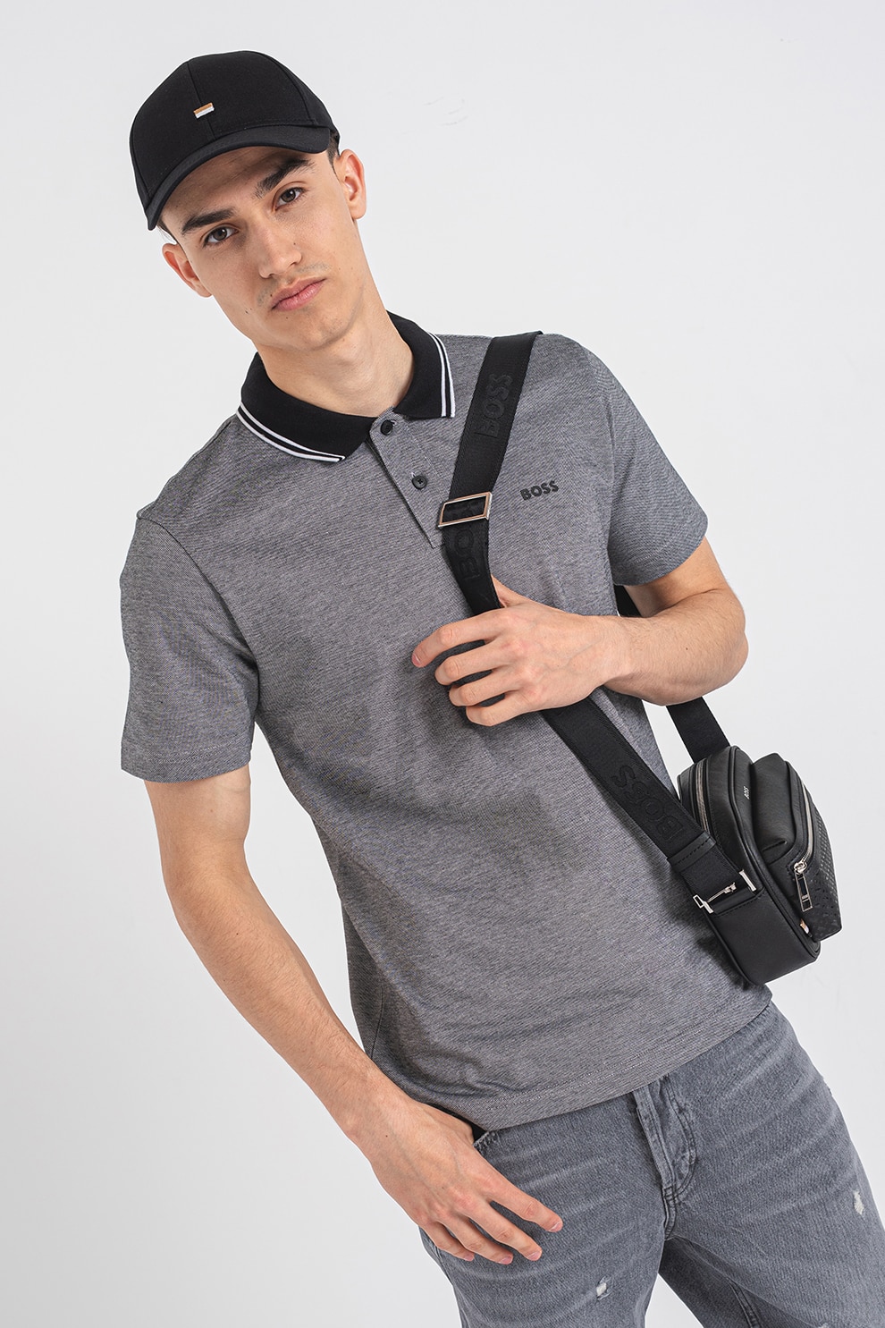 BOSS, Tricou polo relaxed fit Peoxford, Alb, Negru, 2XL