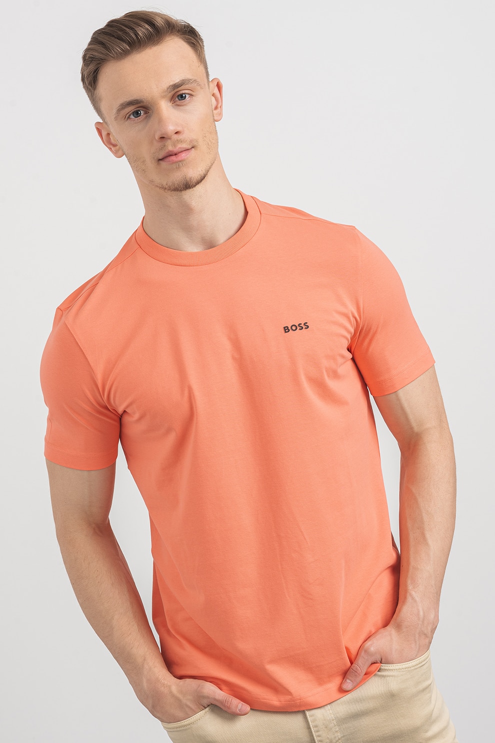 BOSS, Tricou cu logo discret si decolteu la baza gatului, Rosu, Coral, XL