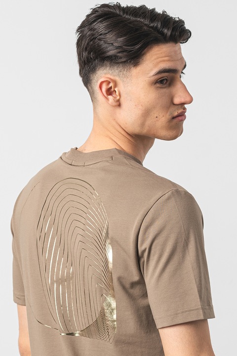 BOSS, Тениска с овално деколте и лого, Кафяв, 2XL