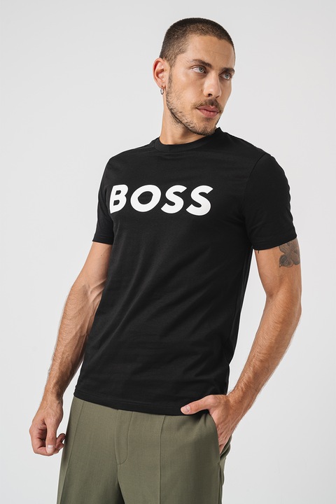 BOSS, Tricou cu logo Thinking, Negru