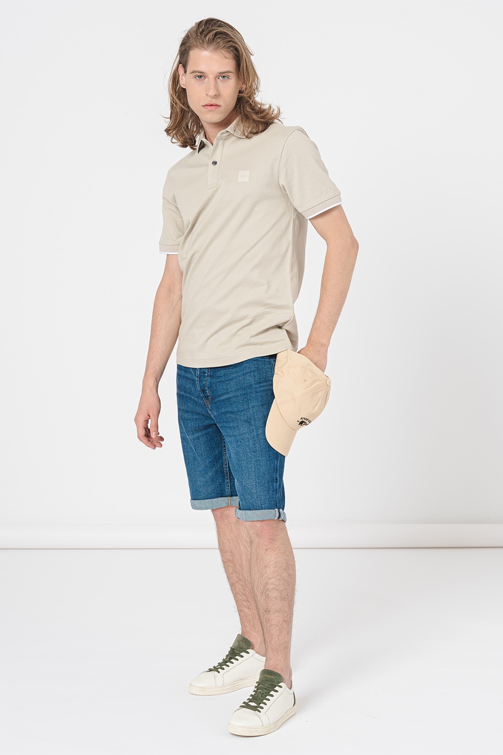 BOSS, Tricou polo slim fit Passertip, Alb murdar, S