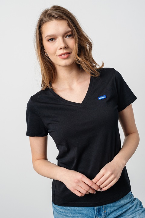 HUGO, Tricou slim fit cu decolteu in V, Negru