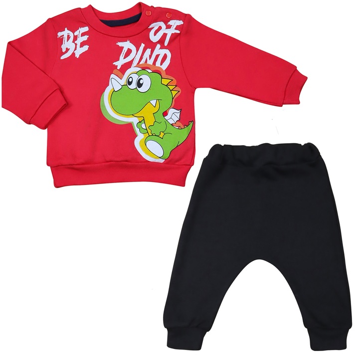 Compleu 2 Piese, Pentru Bebelusi Baieti, "Dino" Bluza Cu Maneca Lunga Si Pantaloni Lungi, Bumbac, Rosu