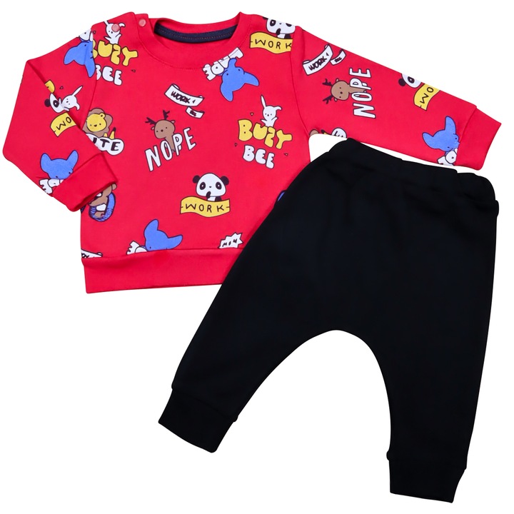 Compleu 2 Piese, Pentru Bebelusi Baieti, "Zoo" Bluza Cu Maneca Lunga Si Pantaloni Lungi, Bumbac, Rosu, Negru