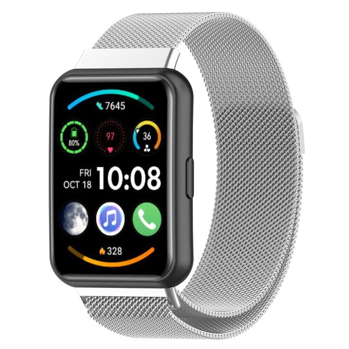 Метална каишка съвместима със смарт часовник Huawei Fit 2, Milanese Loop, Захващане 12мм, Ширина 20мм, Сребърен
