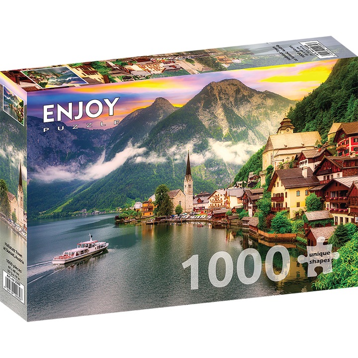 Puzzle 1000 Piese ENJOY – Hallstatt Town, Oras langa Lac, Peisaj cu Muntii Alpi, Austria, Europa – Aspect Mat Anti-Reflexii, Suprafata Catifelata, Piese Rigide cu Forme Unice, Imbinare Stransa, Culori Intense, Inlocuire Piese Lipsa – 68x48 cm