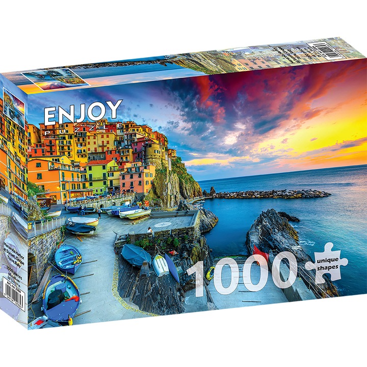 Puzzle 1000 Piese ENJOY – Manarola Harbor, Port Cinque Terre la Apus, Italia, Europa – Aspect Mat Anti-Reflexii, Suprafata Catifelata, Piese Rigide cu Forme Unice, Imbinare Stransa, Culori Intense, Inlocuire Piese Lipsa – 68x48 cm