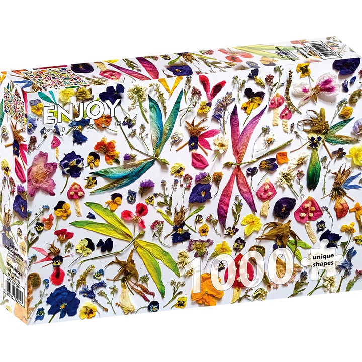 Puzzle 1000 Piese ENJOY – Fairies and Dragonflies, Zane si Libelule in Colaj de Flori Uscate – Aspect Mat Anti-Reflexii, Suprafata Catifelata, Piese Rigide cu Forme Unice, Imbinare Stransa, Culori Intense, Inlocuire Piese Lipsa – 68x48 cm