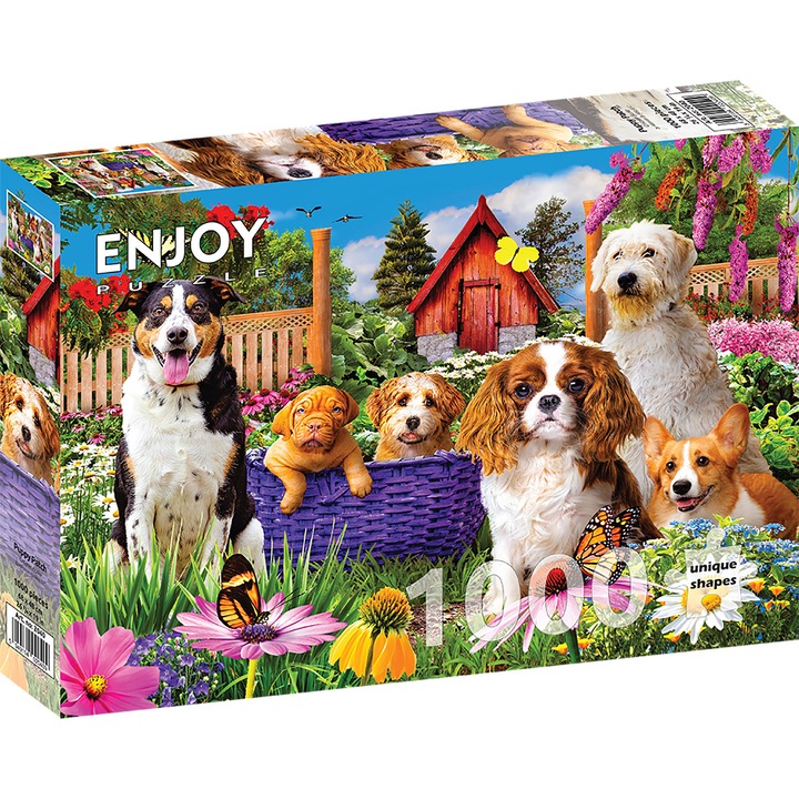 Puzzle 1000 Piese ENJOY – Puppy Patch, Gradina cu Caini si Catelusi, cu Flori – Aspect Mat Anti-Reflexii, Suprafata Catifelata, Piese Rigide cu Forme Unice, Imbinare Stransa, Culori Intense, Inlocuire Piese Lipsa – 68x48 cm
