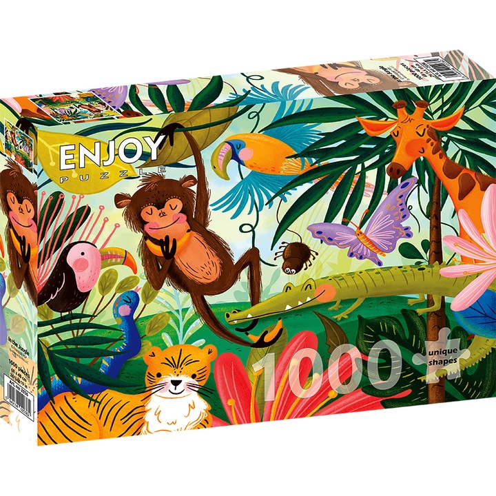 Puzzle 1000 Piese ENJOY – In the Jungle, Animale Tropicale Dragute in Jungla – Aspect Mat Anti-Reflexii, Suprafata Catifelata, Piese Rigide cu Forme Unice, Imbinare Stransa, Culori Intense, Inlocuire Piese Lipsa – 68x48 cm