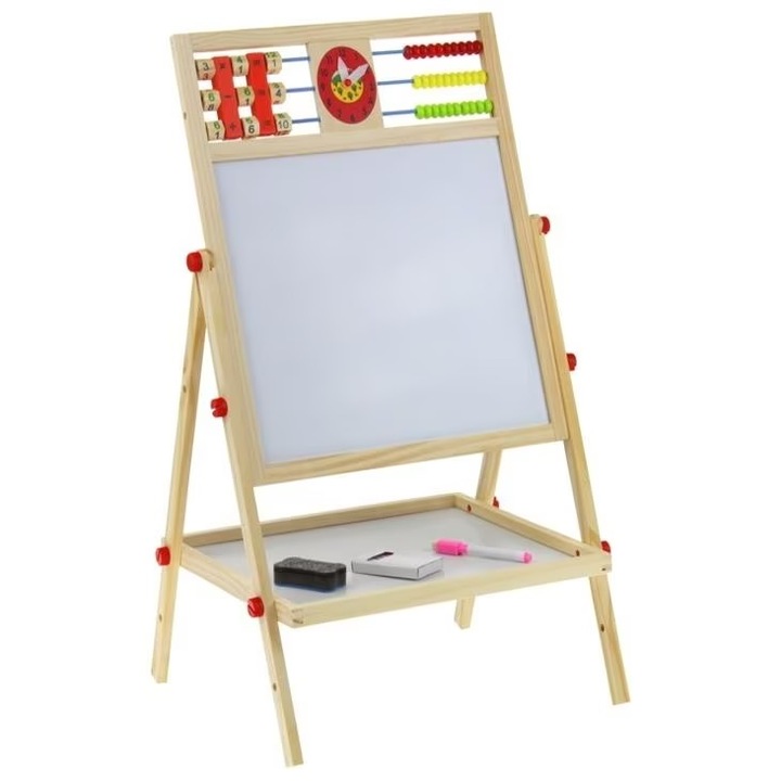 Tabla Magnetica cu 2 fete dimensiune Include un Set de 5 Crete Colorate, Marker, Burete, Tavita pentru Accesorii, Abac si Ceas