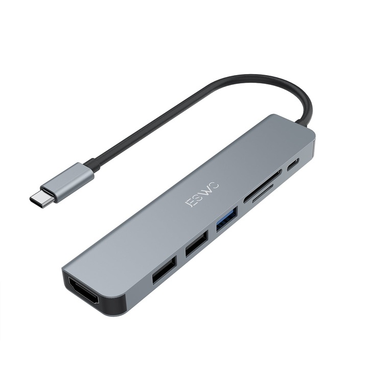 USB-C хъб, Jeswo, 7 в 1, USB-C/USB/HDMI/SD/TF, 100W, сив