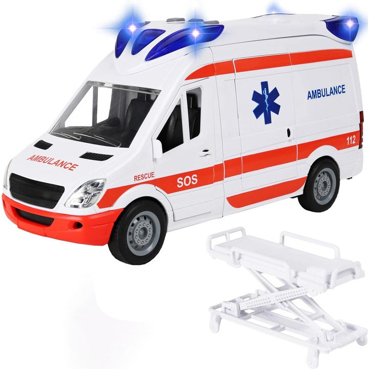 Ambulanta de jucarie cu targa, Zola, lumini si sunete, usi rabatabile, 25 x 12.5 x 9 cm