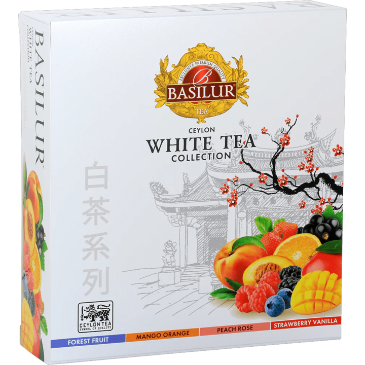 Válogatott Ceylon fehér tea, 4 fajta, "White Tea Collection", adalékanyag nélkül, színezék nélkül, 40 zacskó, 60 gramm, Basilur tea