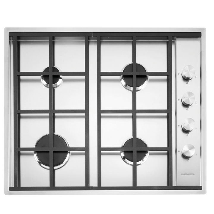 Plita incorporabila pe gaz Foster, Power, 60 cm, 4 arzatoare, instalare pe blat, consum redus, aprindere electrica, grilaj robust fonta, comutatoare rotative, finisaj periat, usor de curatat, design modern, inox