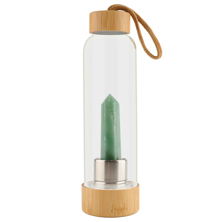 Кристална бутилка ЗЕЛЕН АВАНТЮРИН с бамбукови капачки, 550 мл, за привличане на изобилие
