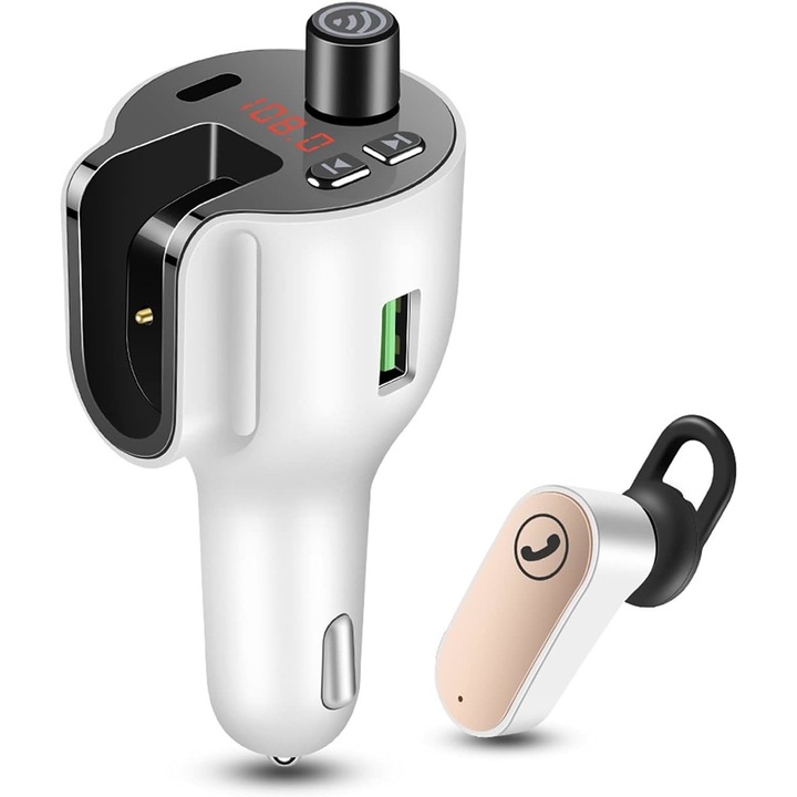 3в1 автомобилен FM модулатор, G52 Vichema Tech®, безжично хендсфрий, Bluetooth 5.0 слушалка, за колата, 10 м предаване, QC3.0 бързо зарядно, USB Type-C порт, MP3 плейър, LED дисплей, функция за зарядно за кола, яснота на звука