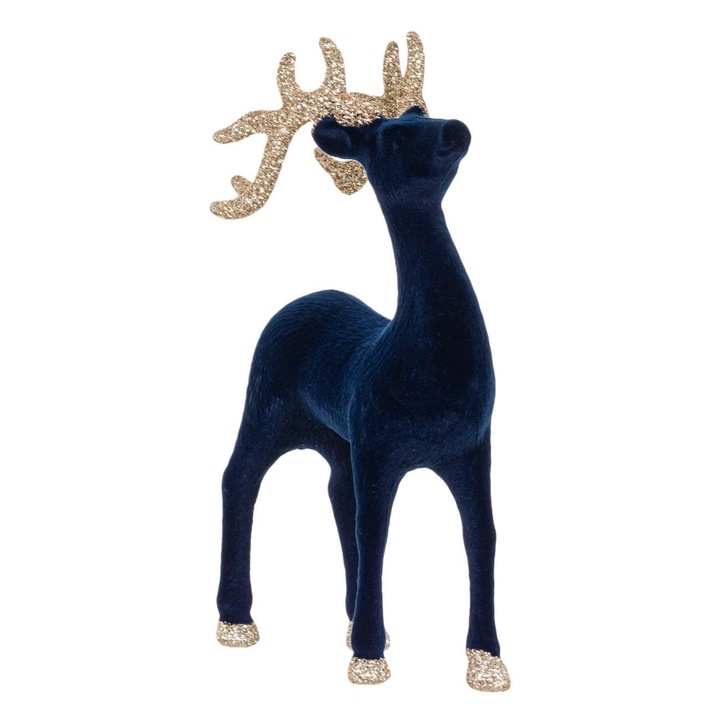 Decoratiune de Craciun Shopiens®, Cerb Bleu Catifelat cu Glitter Bej, 22 cm
