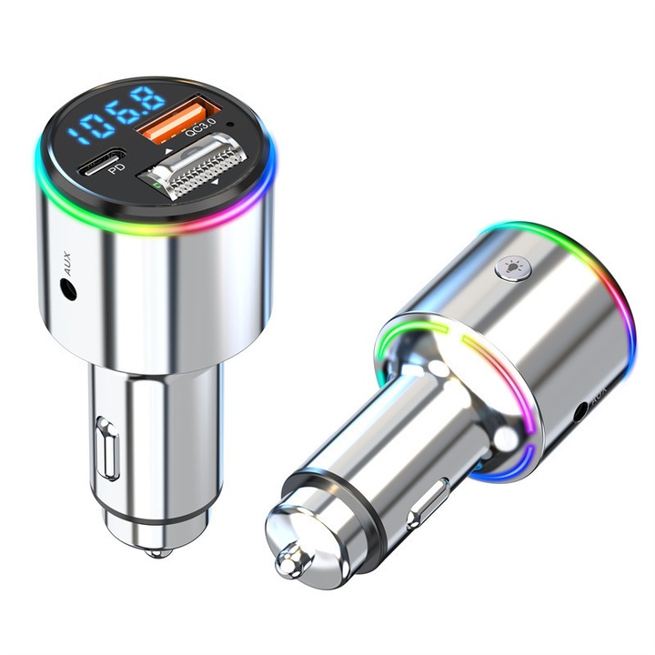 2в1 FM модулатор, Bluetooth 5.1, Vichema Tech®, 2 порта за бързо зареждане QC3.0 и USB-C, едновременна употреба, функция за зарядно за кола, LED дисплей, MP3 плейър, FM трансмитер, AUX порт, Hands-Free, RGB околна светлина, GPS предаване, 87-108 Mhz