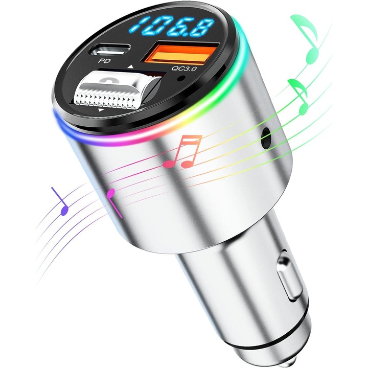 Modulator FM 2in1, Bluetooth 5.1, Vichema Tech®, 2 porturi Fast Charging QC3.0 si USB-C, utilizare simultana, Functie de incarcator auto, Display LED, MP3 Player, Transmitator FM, port AUX, Hands-Free, Lumina ambientala RGB, Transmitere GPS, 87-108 Mhz