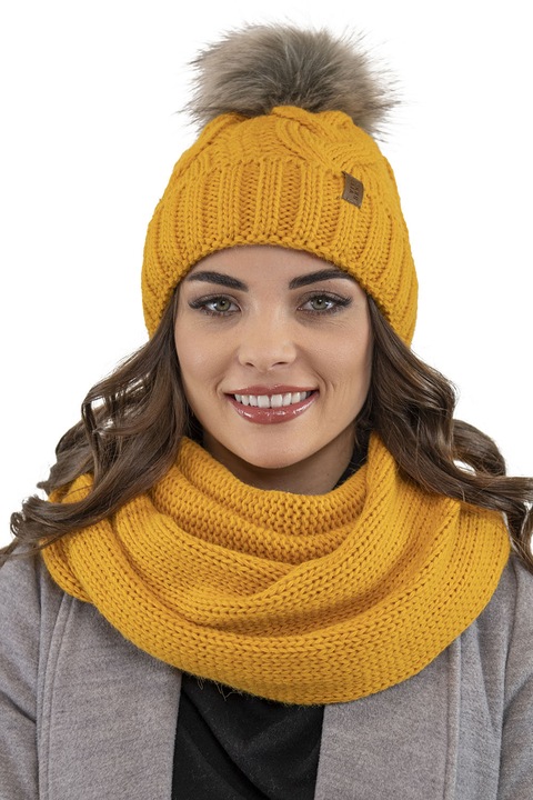 Téli sapka szett körsállal, Vivisence, 7014Kmpl, egy méret, Méz, One-Size