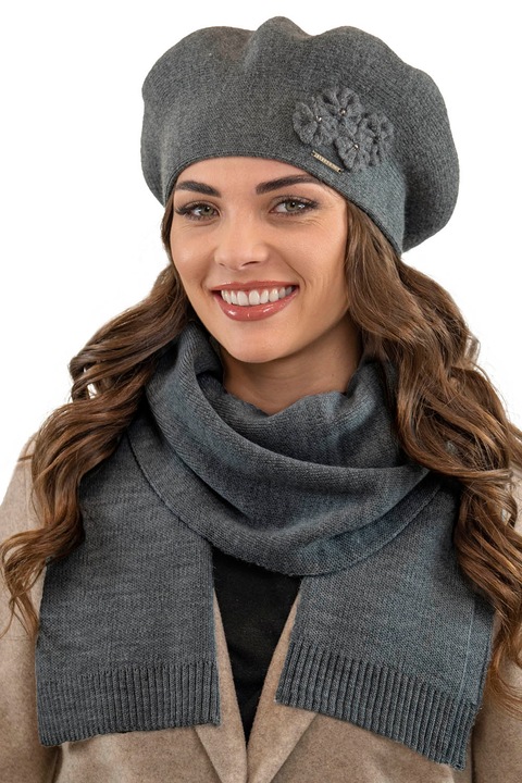 Set bereta pentru iarna cu fular, Vivisence, 7006Kmpl, Gri inchis, marime unica