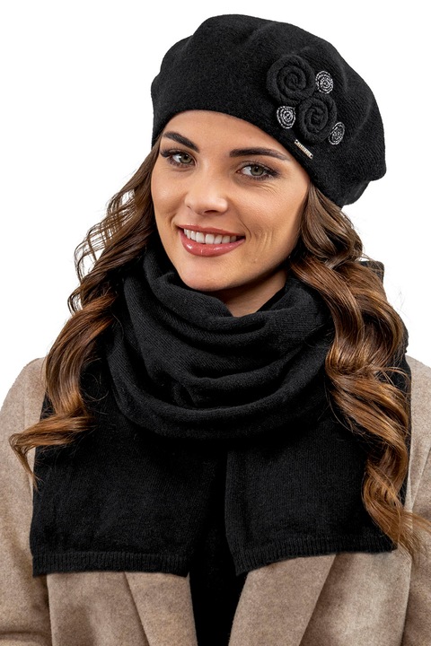 Set bereta pentru iarna cu fular, Vivisence, 7037Kmpl, Negru, marime unica