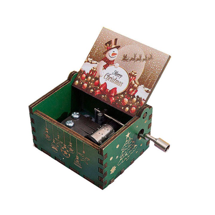 Vintage fa zenedoboz kézi forgattyús működtetéssel Kellemes karácsonyi ünnepeket kívánunk melódiával, zöld