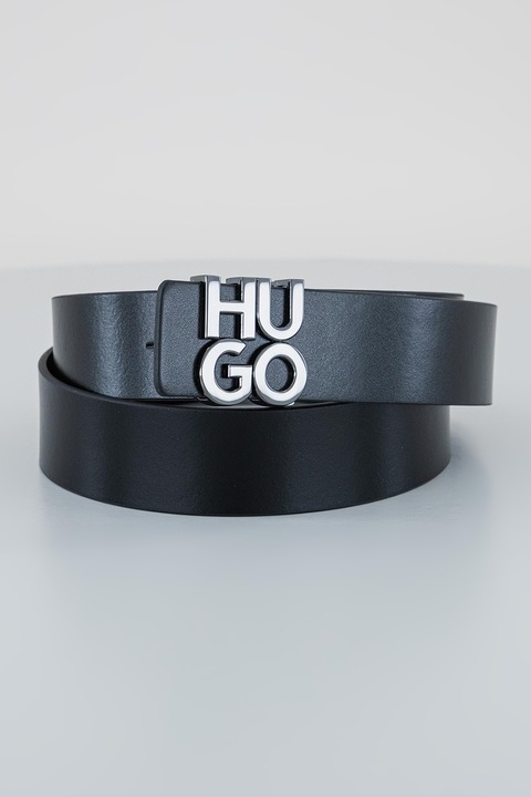 HUGO, Curea din piele cu catarama cu logo, Negru, 100