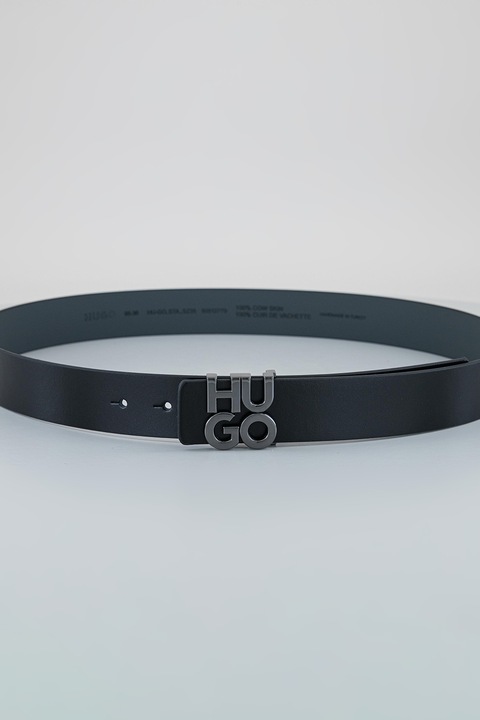 HUGO, Curea din piele cu catarama cu logo, Negru, 100