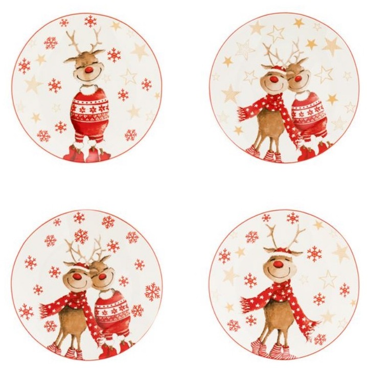 4db karácsonyi tányér készlet, rénszarvas témájú, porcelán, Ø 19 cm, M Deco