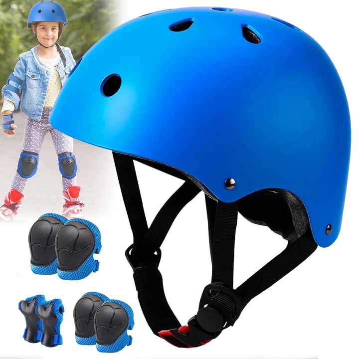 Gyermek kerékpáros sisak, BYONDSELF®, Protection szett, Fejkörfogat 50-54 cm,, Térdvédők, könyökvédők és csuklóvédők, Kerékpározáshoz, Korcsolyázáshoz, Gördeszkázáshoz