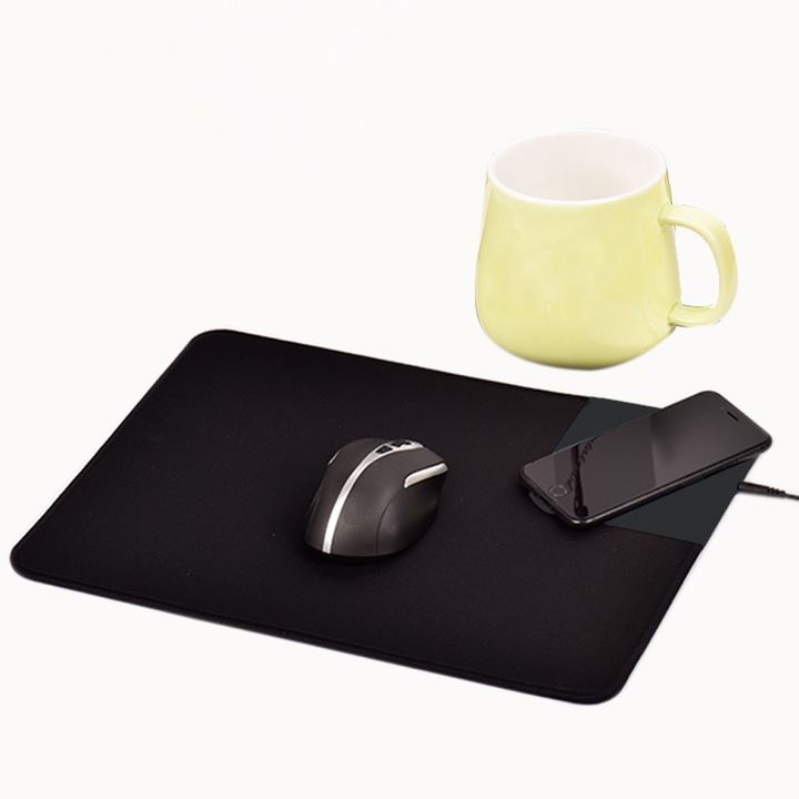 Mouse pad 3in 1 Vichema Tech®, Incarcare Wireless 15 W Fast Charger si incalzire prin inductie, 350X250X6 mm, Cana Termostatica din Ceramica, temperatura mentinuta 55°, Anti-alunecare, compatibilitate multiple telefoane si accesorii, design modern