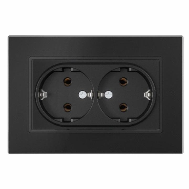 Priza dubla cu rama din sticla negra