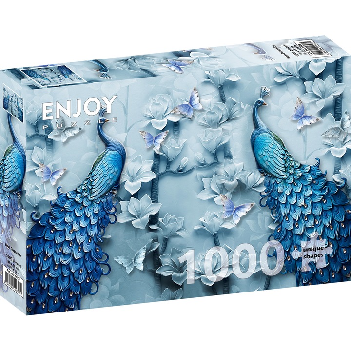 Set Puzzle 1000 piese ENJOY - Blue Peacocks si folii pentru lipit puzzle
