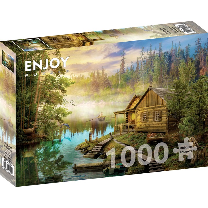 Puzzle 1000 Piese ENJOY – Log Cabin on the River, Cabana langa Rau in Peisaj de Padure – Aspect Mat Anti-Reflexii, Suprafata Catifelata, Piese Rigide cu Forme Unice, Imbinare Stransa, Culori Intense, Inlocuire Piese Lipsa – 68x48 cm