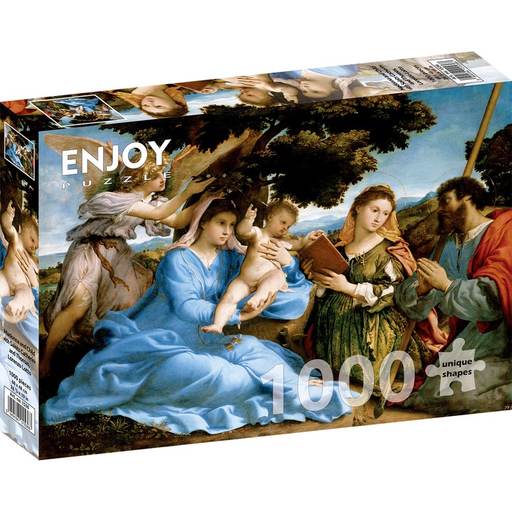 Puzzle 1000 Piese ENJOY – Madonna and Child with Saints, Fecioara cu Copil si Sfinti, Lotto, Pictura Celebra – Aspect Mat Anti-Reflexii, Suprafata Catifelata, Piese Rigide cu Forme Unice, Imbinare Stransa, Culori Intense, Inlocuire Piese Lipsa – 68x48 cm
