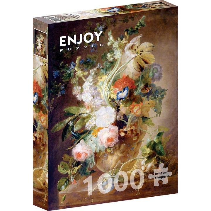 Set Puzzle 1000 piese ENJOY - Vase with Flowers, Jan van Huysum si folii pentru lipit puzzle